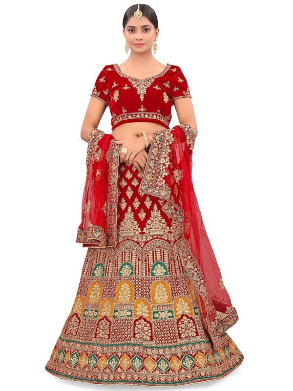 JK_Enterprise Women's Bridal Collection Wedding Velvet Lehenga Choli With Dupatta for Girls, ladies women Maroon Embroidered Velvet Semi Stitched