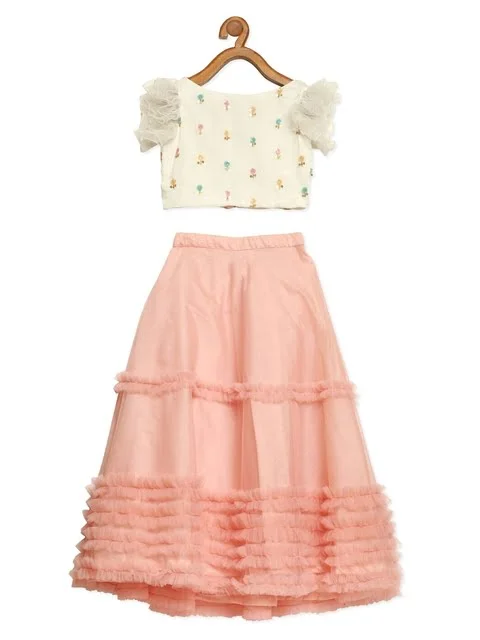 EthnoVogue Girls Off White & Pink Embellished Ready to Wear Lehenga Choli