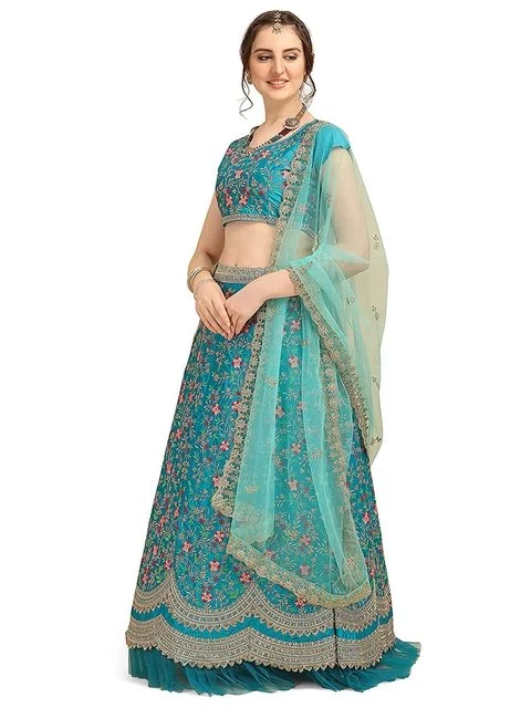 Zainab chottani Blue & Pink Embroidered Thread Work Semi-Stitched Lehenga & Unstitched Blouse With Dupatta