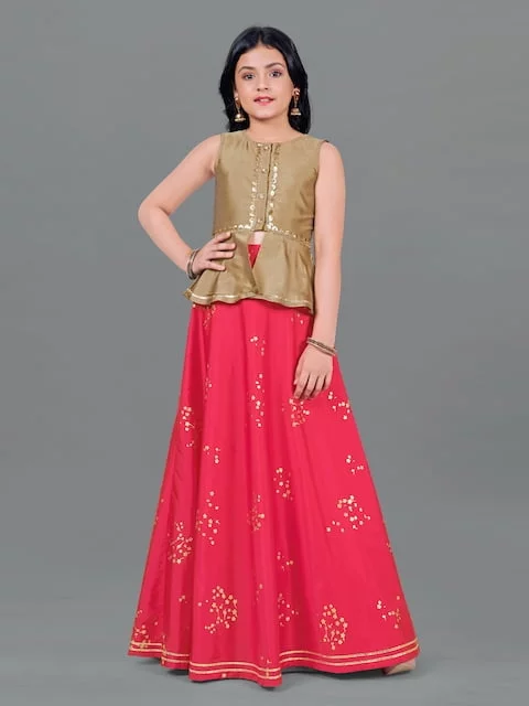FASHION DREAM Girls Beige & Red Embellished Sequinned Ready to Wear Lehenga &