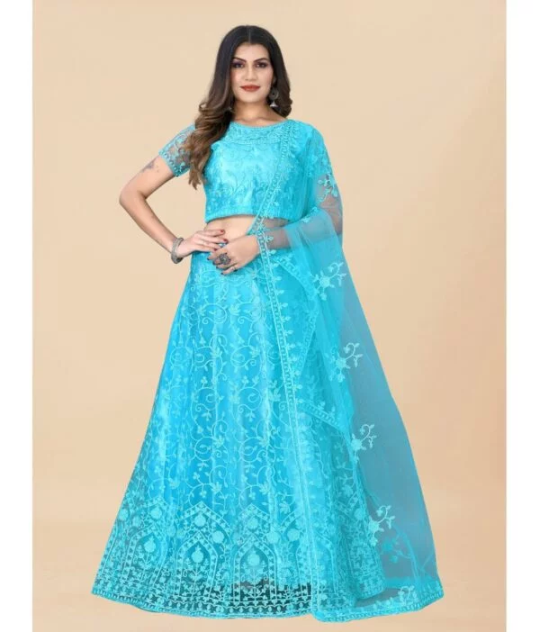 Apnisha Turquoise Net A-line Semi Stitched Lehenga