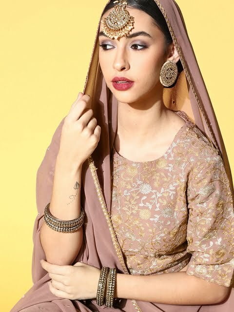 Libas Purple & Beige Embroidered Thread Work Ready to Wear Lehenga & Blouse With Dupatta