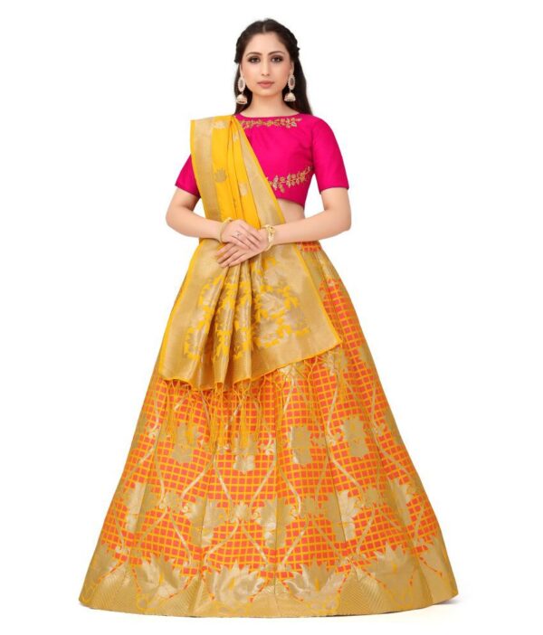 Mimosa Orange,Pink,Yellow Polyester Straight Semi Stitched Lehenga