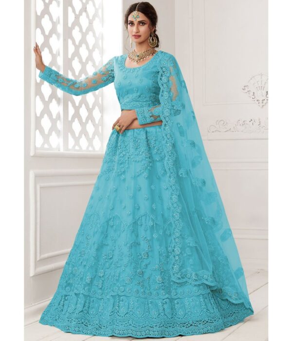 PATBRO Blue Net Chaniya Choli Semi Stitched Lehenga Single