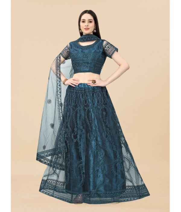JULEE Blue Net A-line Semi Stitched Lehenga