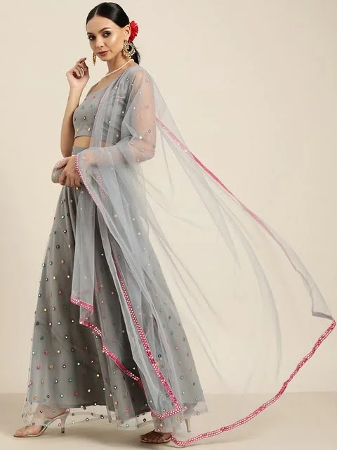 Sangria Grey Embroidered Mirror Work Semi-Stitched Lehenga & Unstitched Blouse With Dupatta