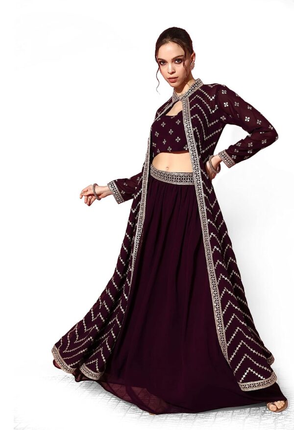 LYMI LABEL Lehenga Shrug Set For Women - Wine Georgette Zari Sequence Embroidered Lehenga Choli With Shrug, Ethnic Wear