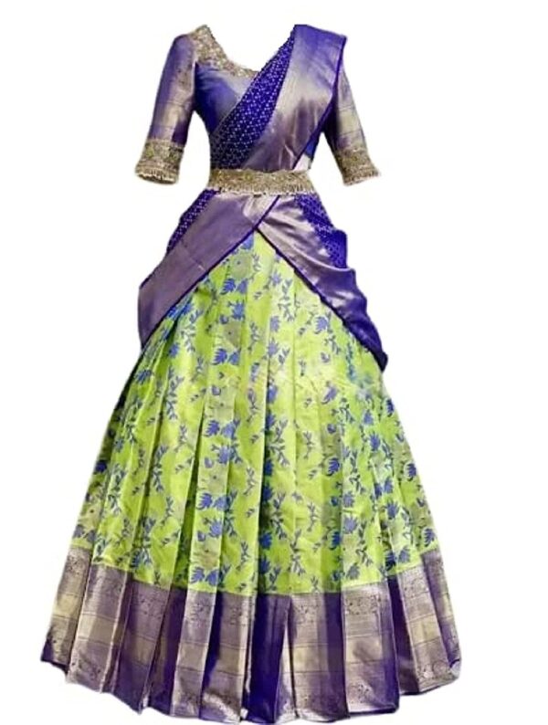 SHOPAZ Half Saree Lehenga For Woman Traditional Stylish Kanjivaram Silk Unstitched Floral Choli Dhavani Set Langa Voni Pavadai Daavani