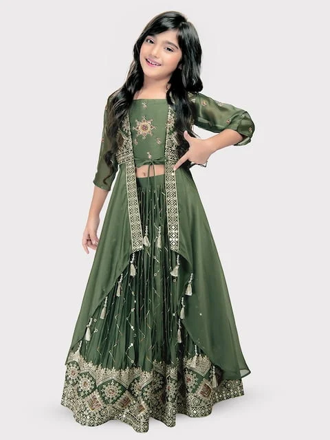 Tiny Kingdom Girls Embroidered Thread Work Ready to Wear Lehenga & Choli With long jacket