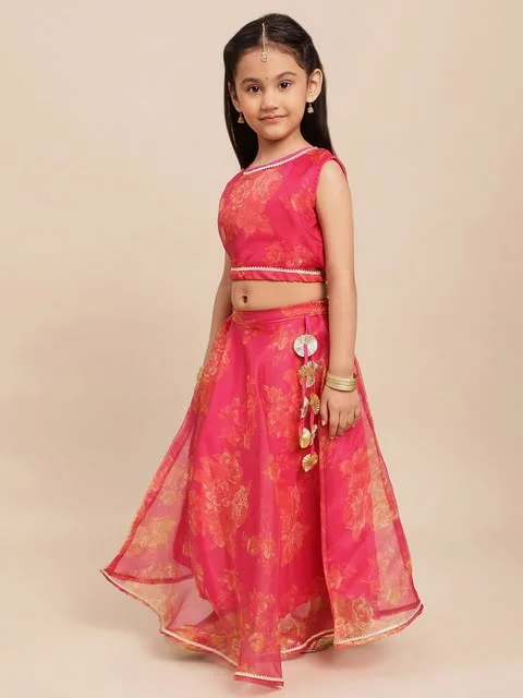 AHALYAA KIDS Girls Pink & Orange Printed Ready to Wear Lehenga &