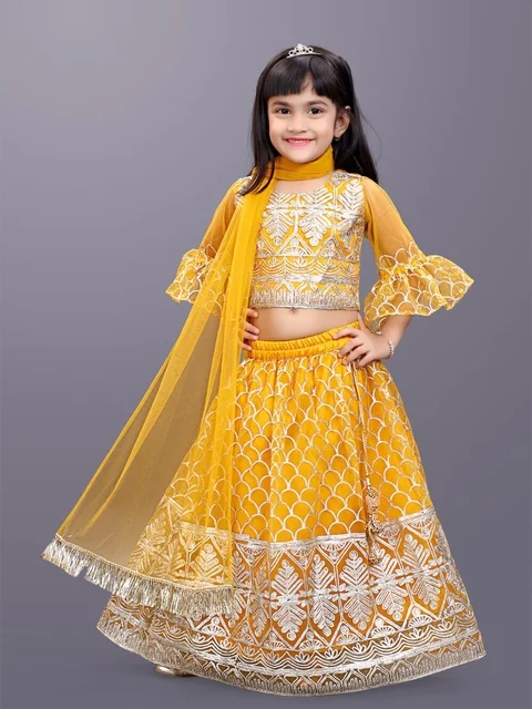 BAESD Girls Mustard & Steel Embroidered Ready to Wear Lehenga & Blouse With Dupatta