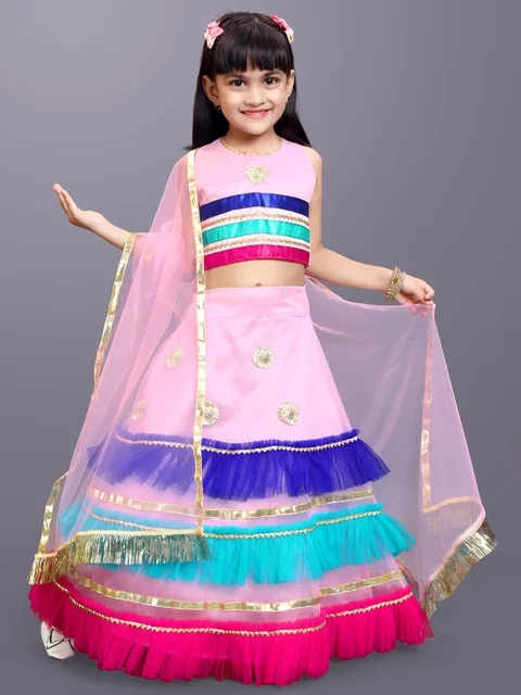 BAESD Girls Pink & Blue Embellished Ready to Wear Lehenga & Blouse With Dupatta