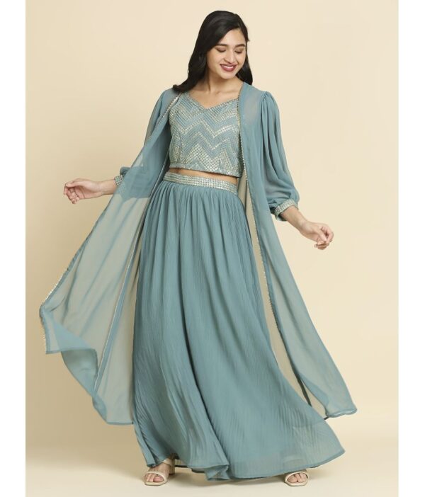 Madhuram Textiles Green Georgette Circular Stitched Lehenga