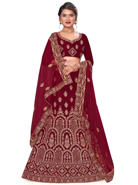 MANVAA Maroon & Gold-Toned Embroidered Thread Work Semi-Stitched Lehenga & Unstitched Blouse With Dupatta