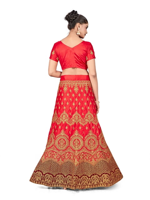 Manvaa Red Gold Toned Embroidered Thread Work Semi Stitched Lehenga