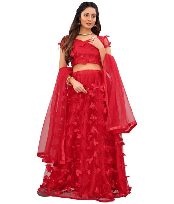 JULEE Red Net Chaniya Choli Unstitched Lehenga Single