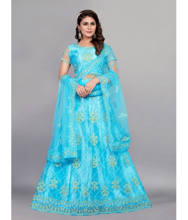 JULEE Turquoise Net A-line Semi Stitched Lehenga