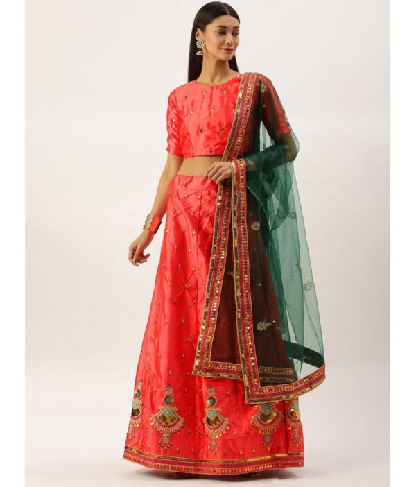 Om Shantam Sarees Red,Green Silk Blends Chaniya Choli Semi Stitched Lehenga Single
