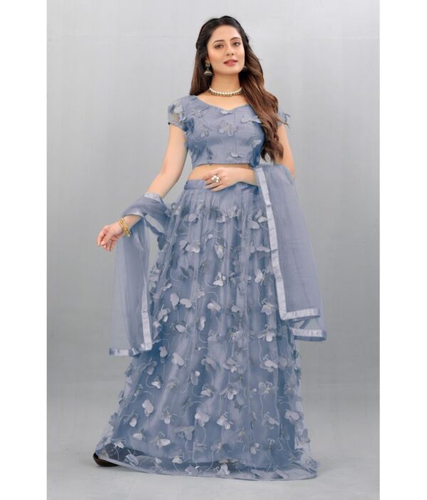 JULEE Grey Net A-line Semi Stitched Lehenga