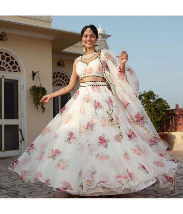kedar fab White Organza Circular Semi Stitched Lehenga Single