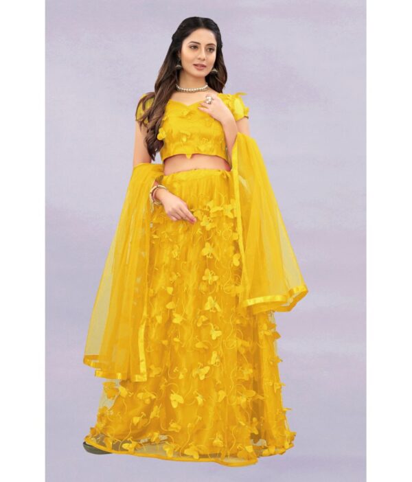 JULEE Yellow Net A-line Semi Stitched Lehenga