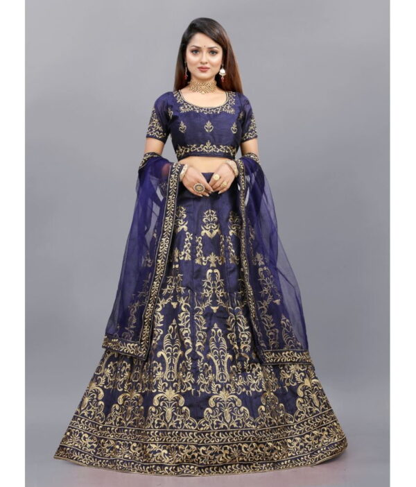 JULEE Navy Bangalore Silk Unstitched Unstitched Lehenga