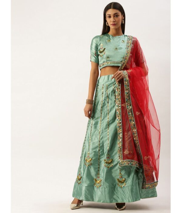 Om Shantam Sarees Green,Pink Silk Blends Chaniya Choli Semi Stitched Lehenga Single