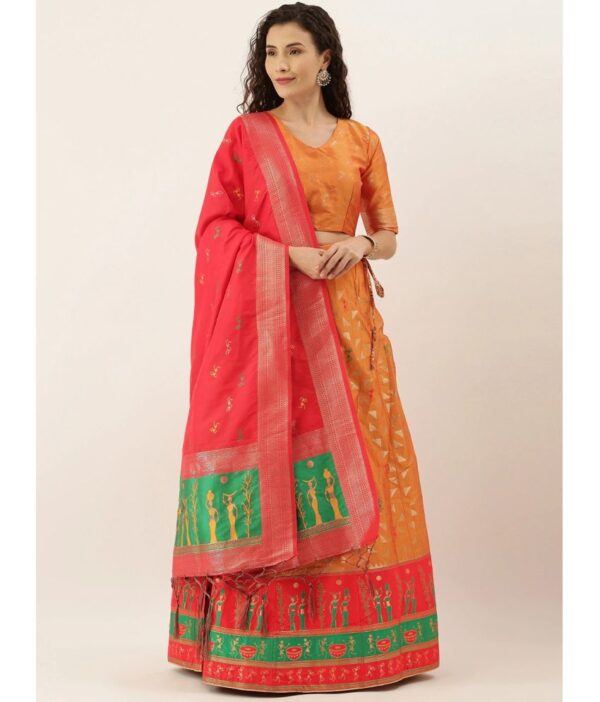 Om Shantam Sarees Orange Art Silk Chaniya Choli Semi Stitched Lehenga Single
