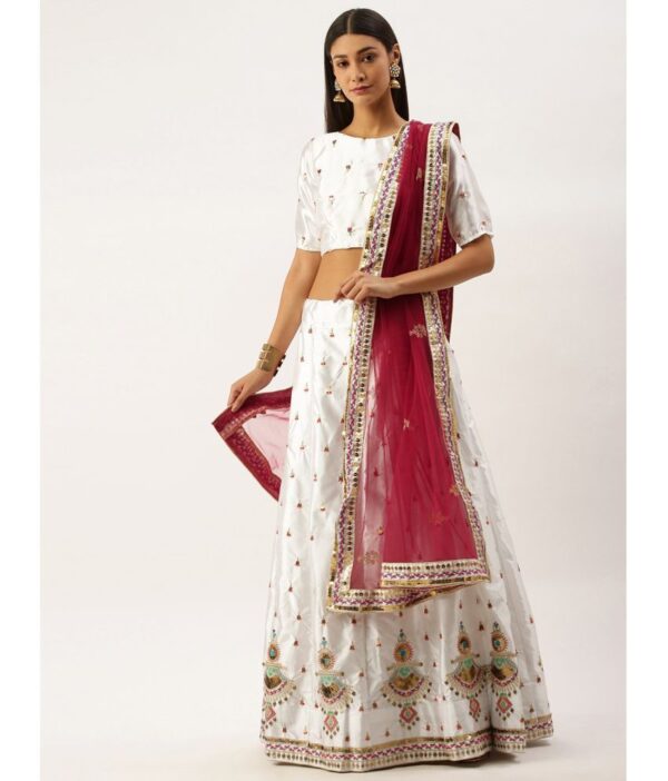 Om Shantam Sarees White,Pink Silk Blends Chaniya Choli Semi Stitched Lehenga Single