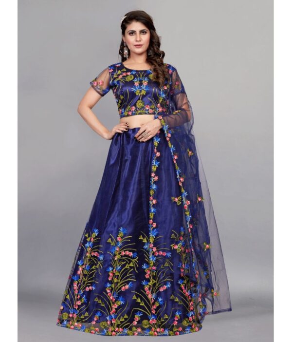 JULEE Navy Net A-line Semi Stitched Lehenga