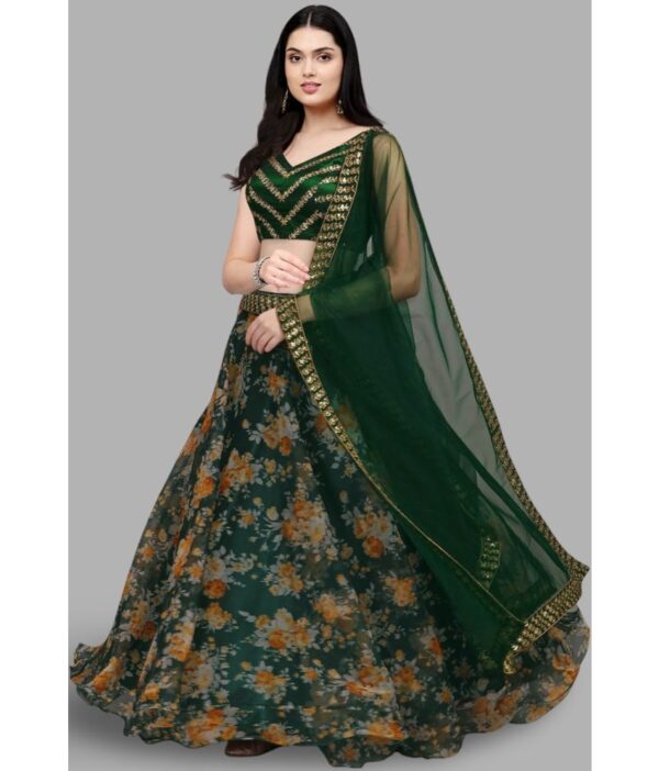 kedar fab Green Organza Circular Semi Stitched Lehenga Single