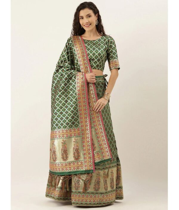 Om Shantam Sarees Green Banarasi Silk Chaniya Choli Unstitched Lehenga Single