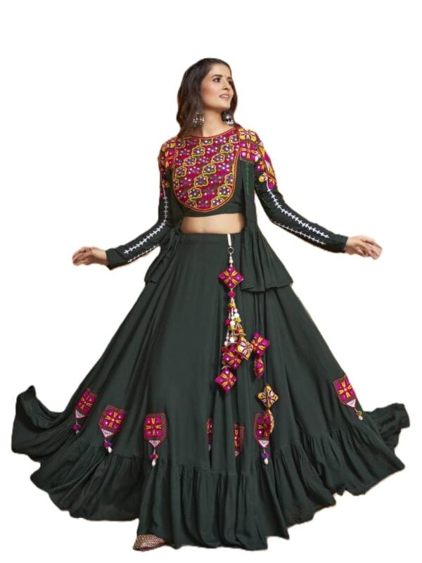 Traditional Viscose Rayon Embroidered Semi Stitched Lehenga Choli with Shrug, Green