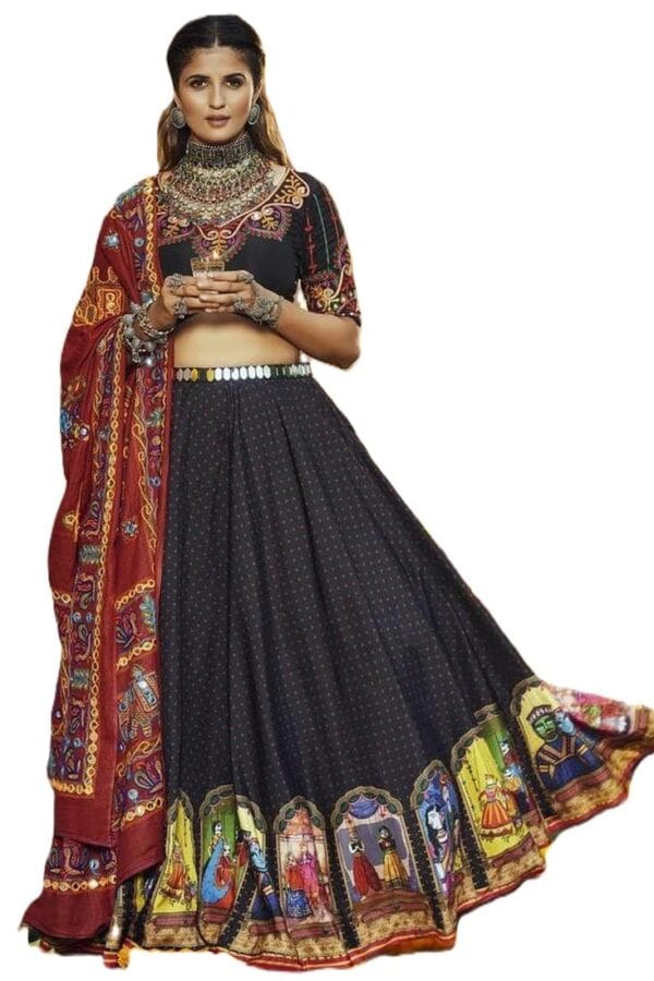 Binali Creation Black Maslin Cotton Traditional Navratri Dandiya Raas Garba Festival Women's Semi Stitched Lehenga Choli