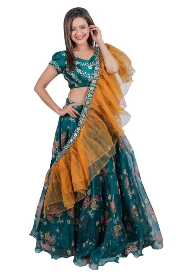 Fashion Basket Women's Floral Organza Semi Stitched Green Lehenga Choli