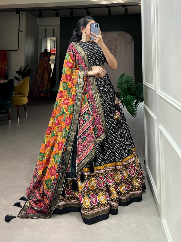 MITRA BIZ Navratri Collection Original Mirror Handwork Cotton Lehenga Choli With Laheriya Dupatta (BLACK)