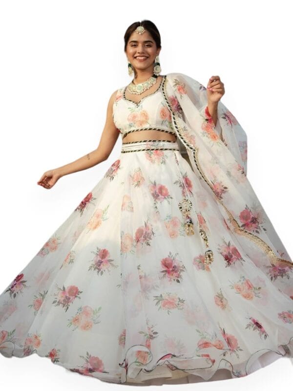 Zeel Clothing Womens Organza Lehenga Choli Semi-Stitched White Wedding Bridal Free Size