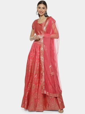 Biba Coral Printed Lehenga Choli Set With Dupatta