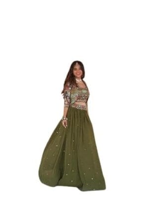 Indian Women Designer Thread Sequence Work Crop Top Mehndi Green Lehenga With Heavy Jacket, Georgette Fully-Stitched Ready To Wear Lehenga Choli