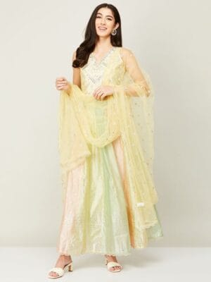 Melange by Lifestyle Yellow & Green Printed Lehenga Choli With Dupatta Set