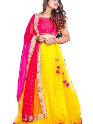Nena Fashion Women Silk Semi-Stitched Lehenga Choli (Lehengha Choli For Womens_Yellow_Free Size)