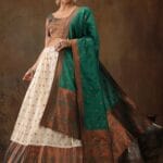Silk Land Beige & Green Woven Pattern Semi Stitched Lehenga Choli Set With Duppata