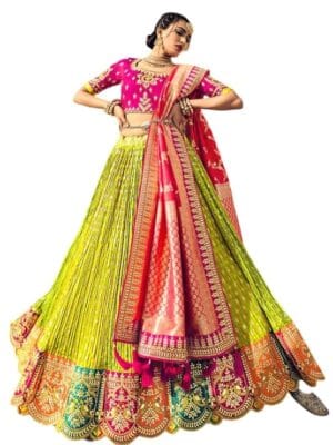Women's New Green-Multi Heavy Embroidered Gota Pati Work Banarasi Silk Semi-Stitched Lehenga Choli