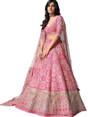 Women's Pink Raw Silk Traditional Lehenga with Sidi Saiyyed Jali Inspired Border