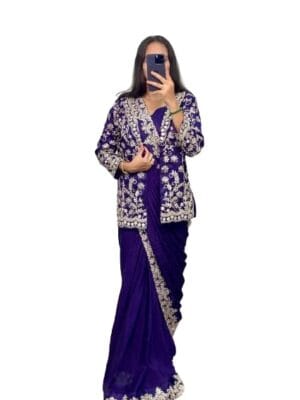 infabzon Ready To Wear Saree & Koti Set For Women Bollywood Style Chinon Silk Fabric On Embrodery Sequance Cording Work