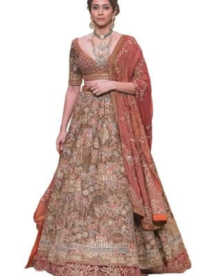 Women's Olive Green Raw Silk Handworked Lehenga