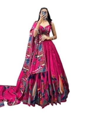 SD Collection Rani Pink Floral Lehenga Choli with Foil Print & Gotta Patti Dupatta