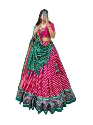 KrishuEthnics Rajasthani Tussar Silk Lehenga Choli with Laheriya and Bandhani Print & Foil Work