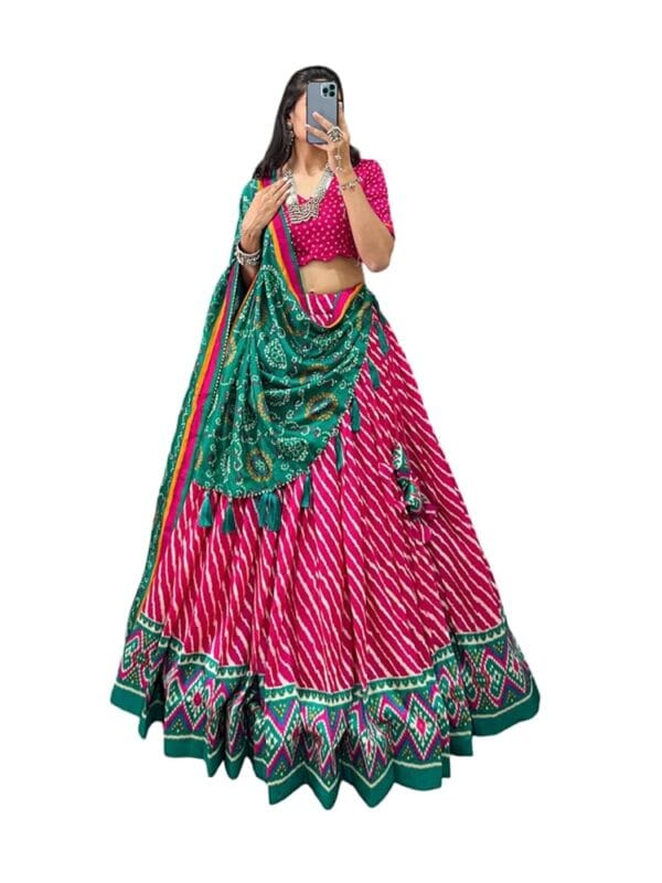 KrishuEthnics Rajasthani Tussar Silk Lehenga Choli with Laheriya and Bandhani Print & Foil Work