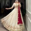 MODEMIX Designer Bridal Lehenga Choli Set with Embroidered Border, Off-White and Maroon, Traditional